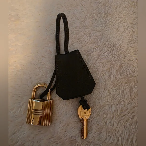 Hermès Authentic Gold Padlock & Key Set with Black Leather Clochette – Lock #8 - Picture 1 of 5